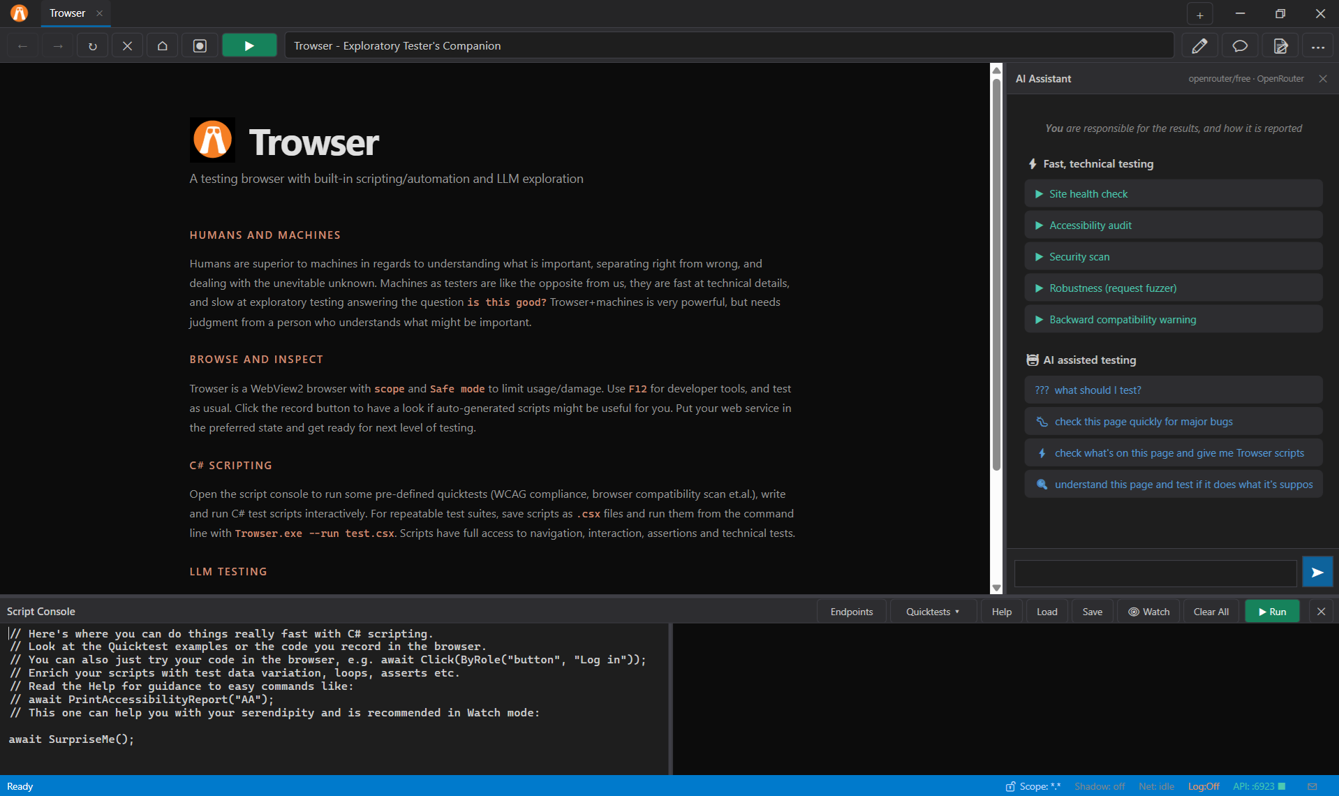 Trowser main window: browser, AI Assistant panel, and Script Console with C# quicktests